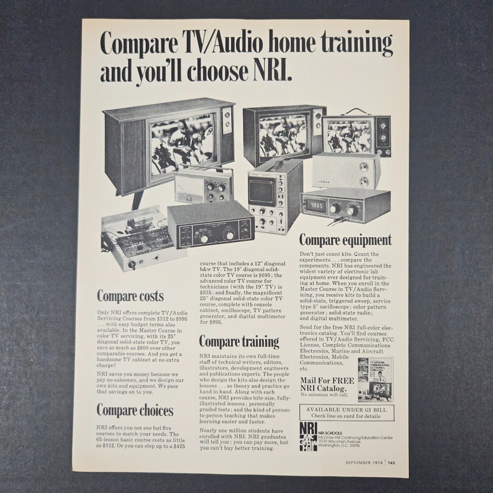 1974 McGraw-Hill Continuing Education NRI Schools Vintage Print Ad TV Audio Shop